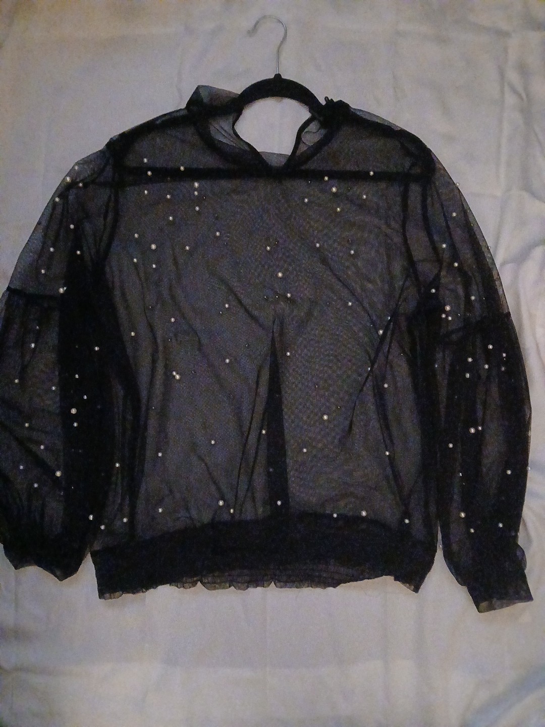 Black Sheer Dressy Long Sleeve Blouse with Pearl Embellishments