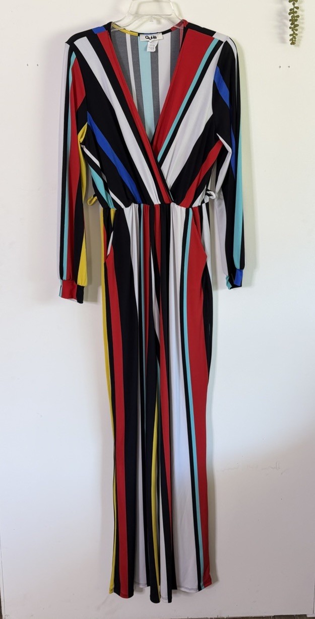 VTG Quum 1X ( Actual 34 Stretchedx31) Bold Multicolor Stripe Pantsuit USA GUC