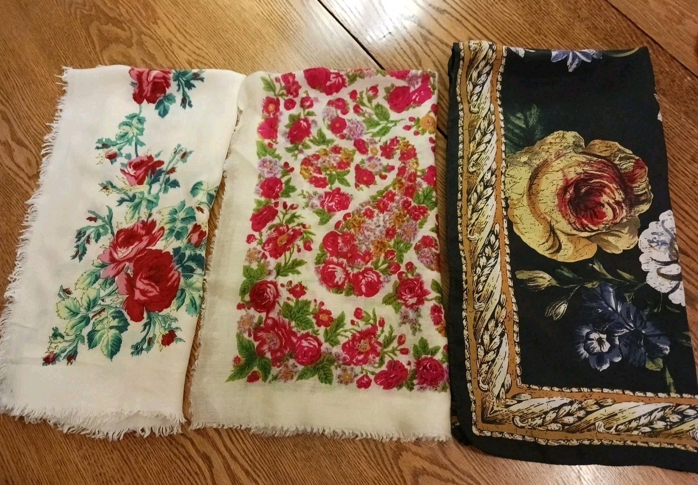 3 VINTAGE Floral Scarves, Sizes From 28″-33″. See Description. Very Nice.