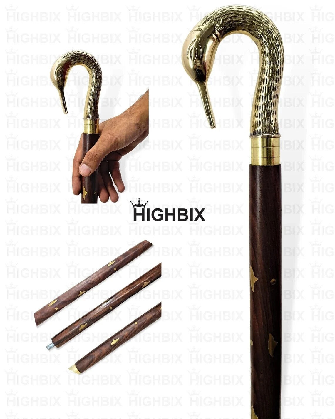 Antique Brass Head Handle Wooden Walking 3 Fold Brown Stick Cane New Style Gifts