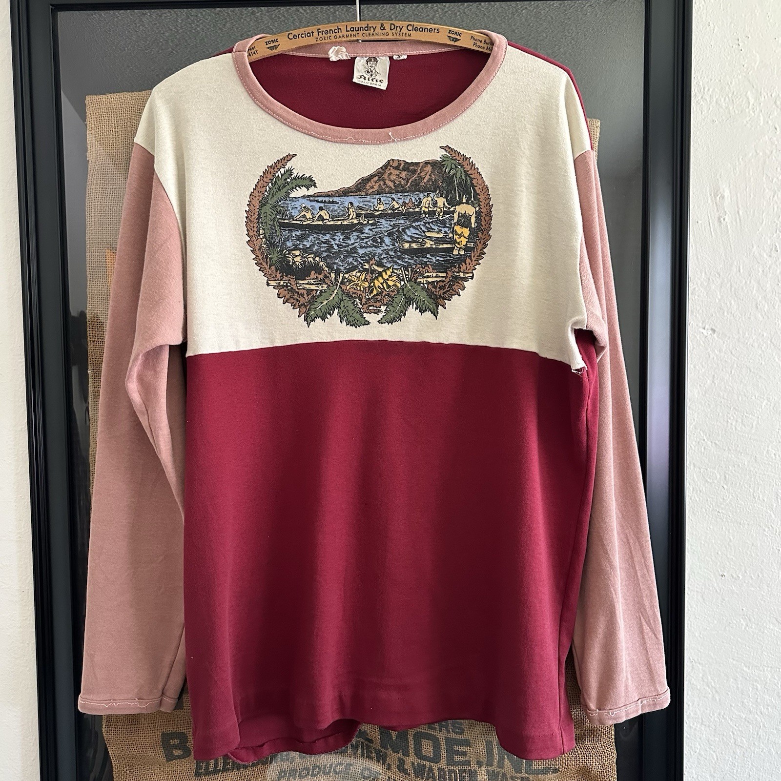 Vintage 70s Alfie California Hawaiian Print T Shirt Two Tone Longsleeve XL