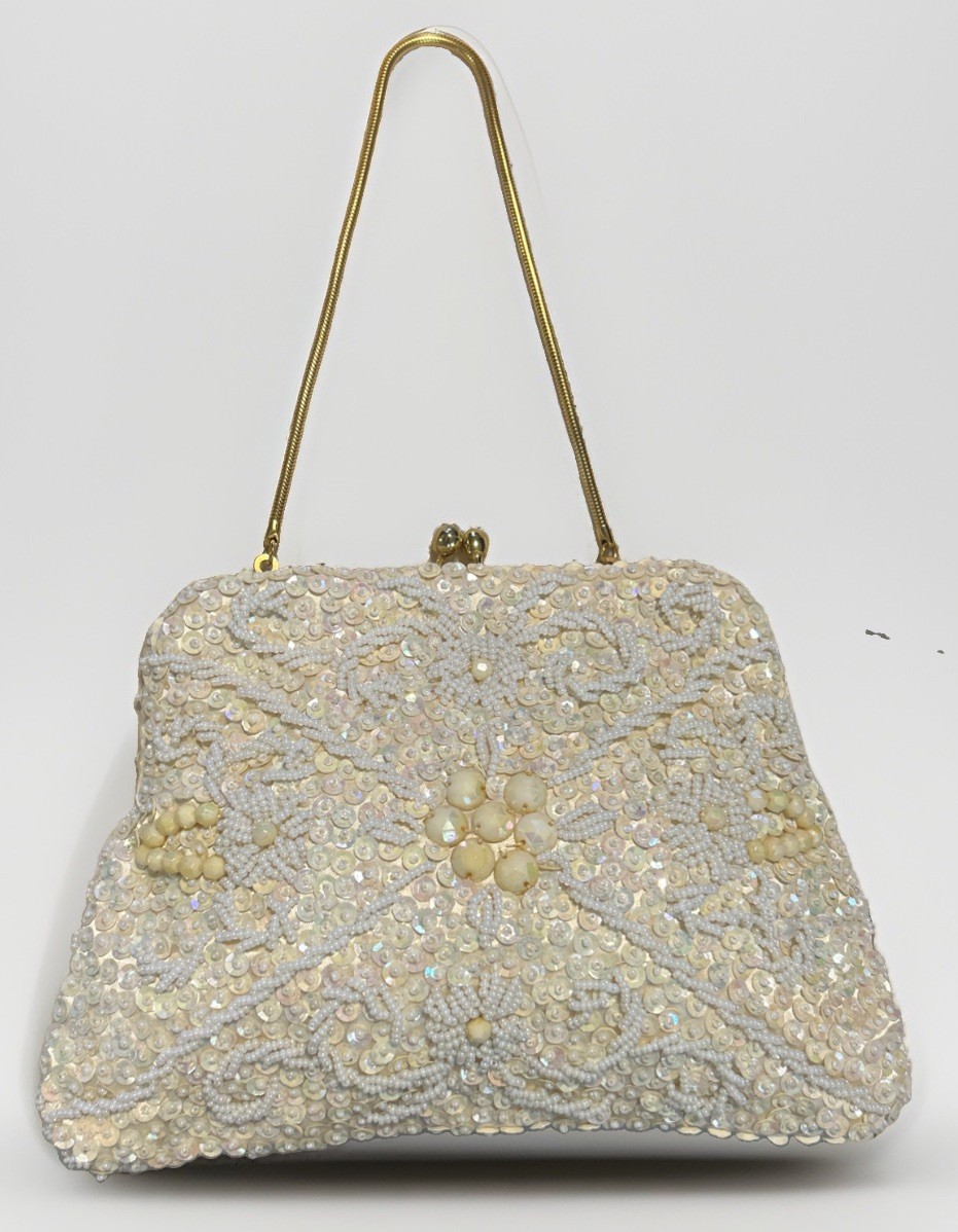 Vintage Hand Made Hong Kong Ivory Beaded Pearl Evening Bag Purse Gold Chain