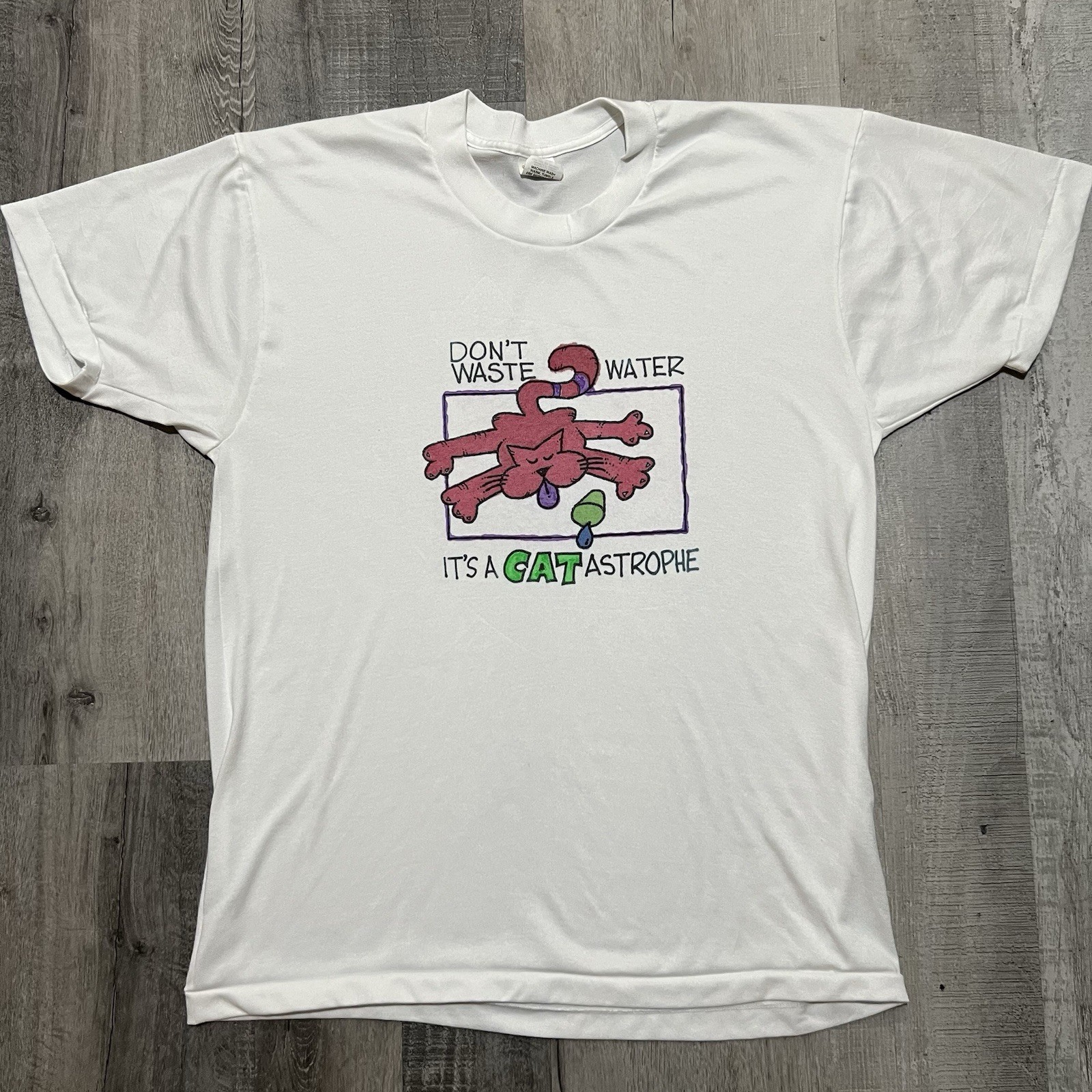 VTG 70s/80s Sears Roebucks “Don’t Waste Water” Handmade Drawn Cat Dacron T Shirt