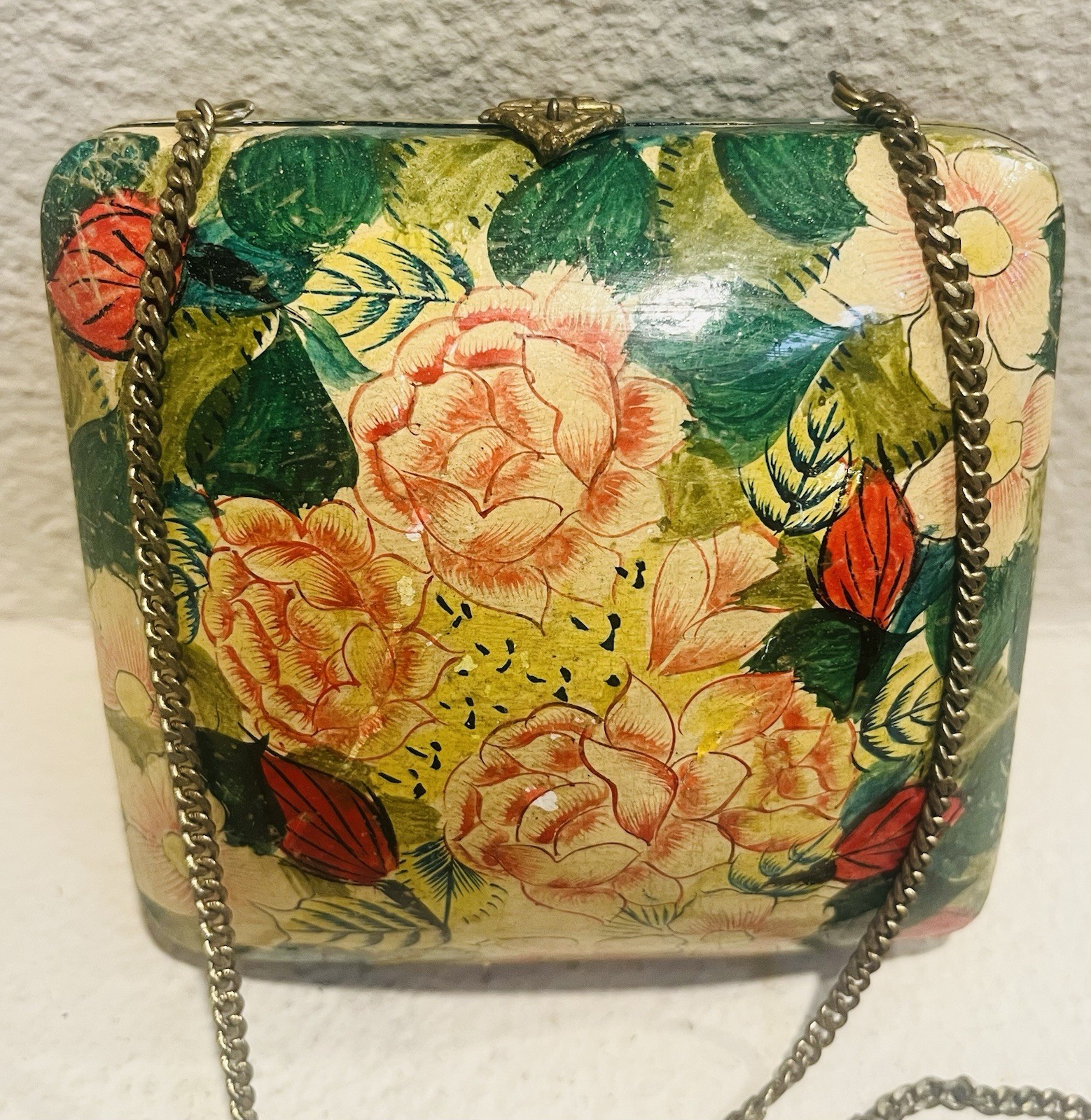 VTG Pink Green Floral Lacquer Square Wooden Purse Paper Mache, Gold Tone Strap