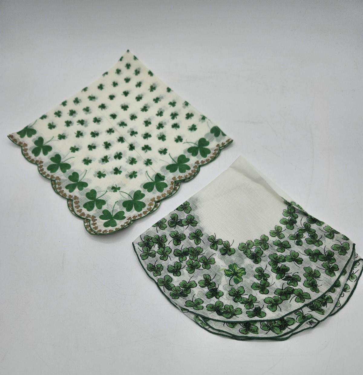 VTG SHAMROCK HANDKERCHIEFS ST. PATRICK’S DAY-NOS BURMEL & 4-LEAF CLOVER SHAPED!