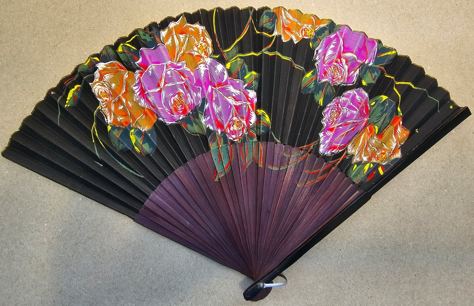 Vintage Hand Fan Handmade Floral Red, Purple, Gold, Green Wooden Fan 1960s Black