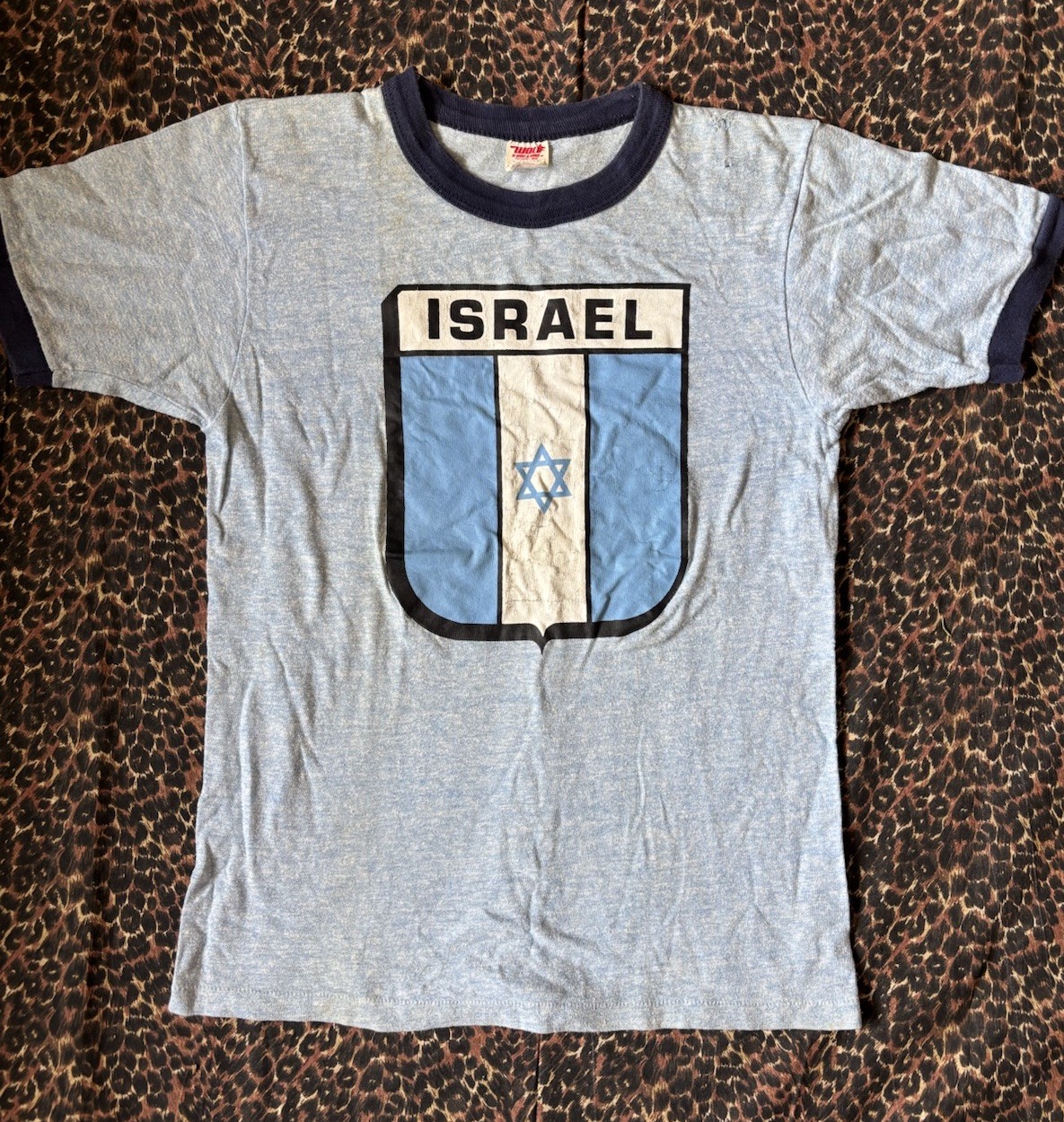 Vintage 70s Israel Ringer T Shirt Size M Made In USA Single Stitch Blue