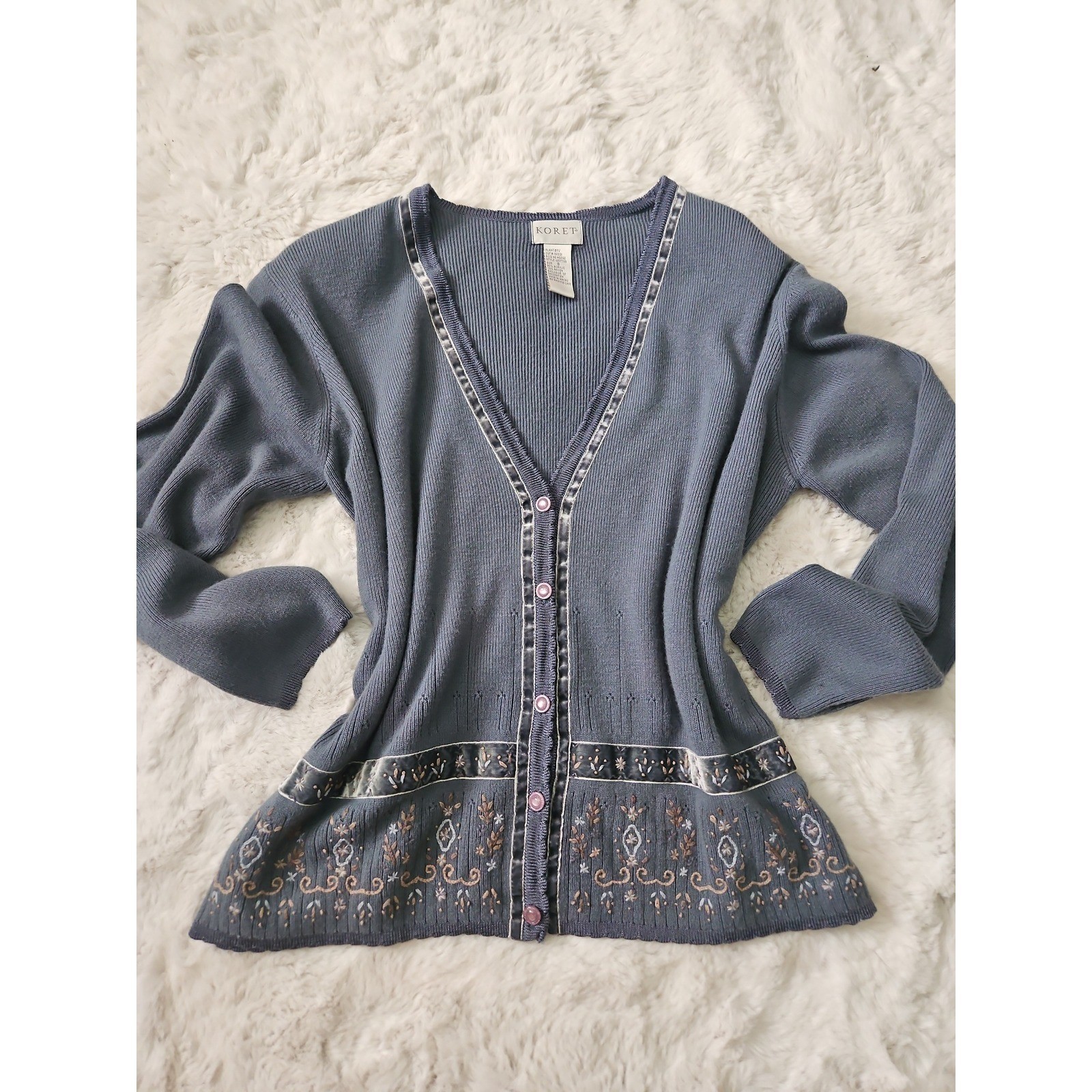 Koret Vintage Button Front Cardigan Size S Blue Floral Embroidered Cottage Grand
