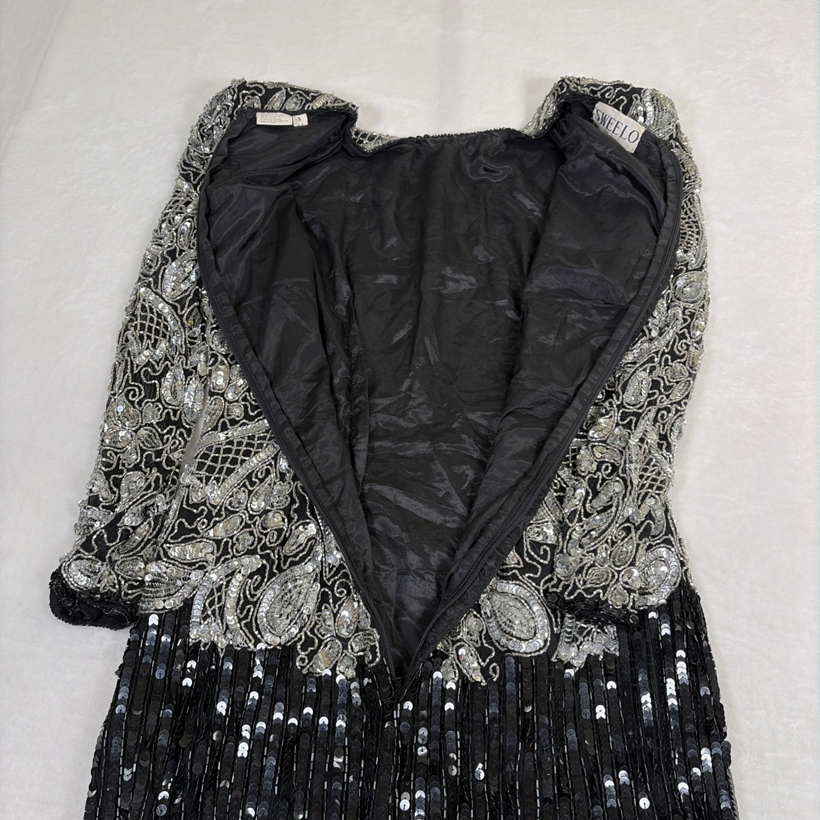 Sweelo Vintage Black Heavily Beaded Sheath Evening, Event MIDI Dress Sz S 6-8