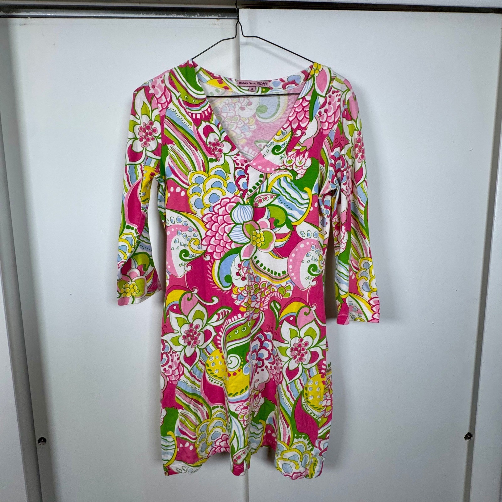 Barbara Gerwit Vintage Pink Floral Psychedelic V-Neck 3/4 Sleeve Knit Dress M