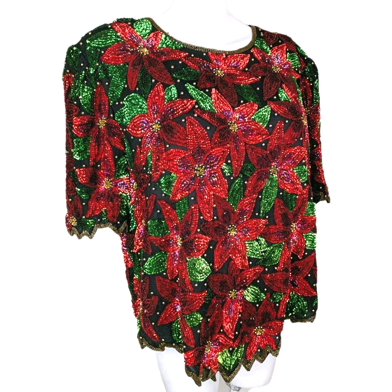 Vintage Laurence Kazar 3X Beaded Sequin Poinsettia Christmas Top Bling Evening