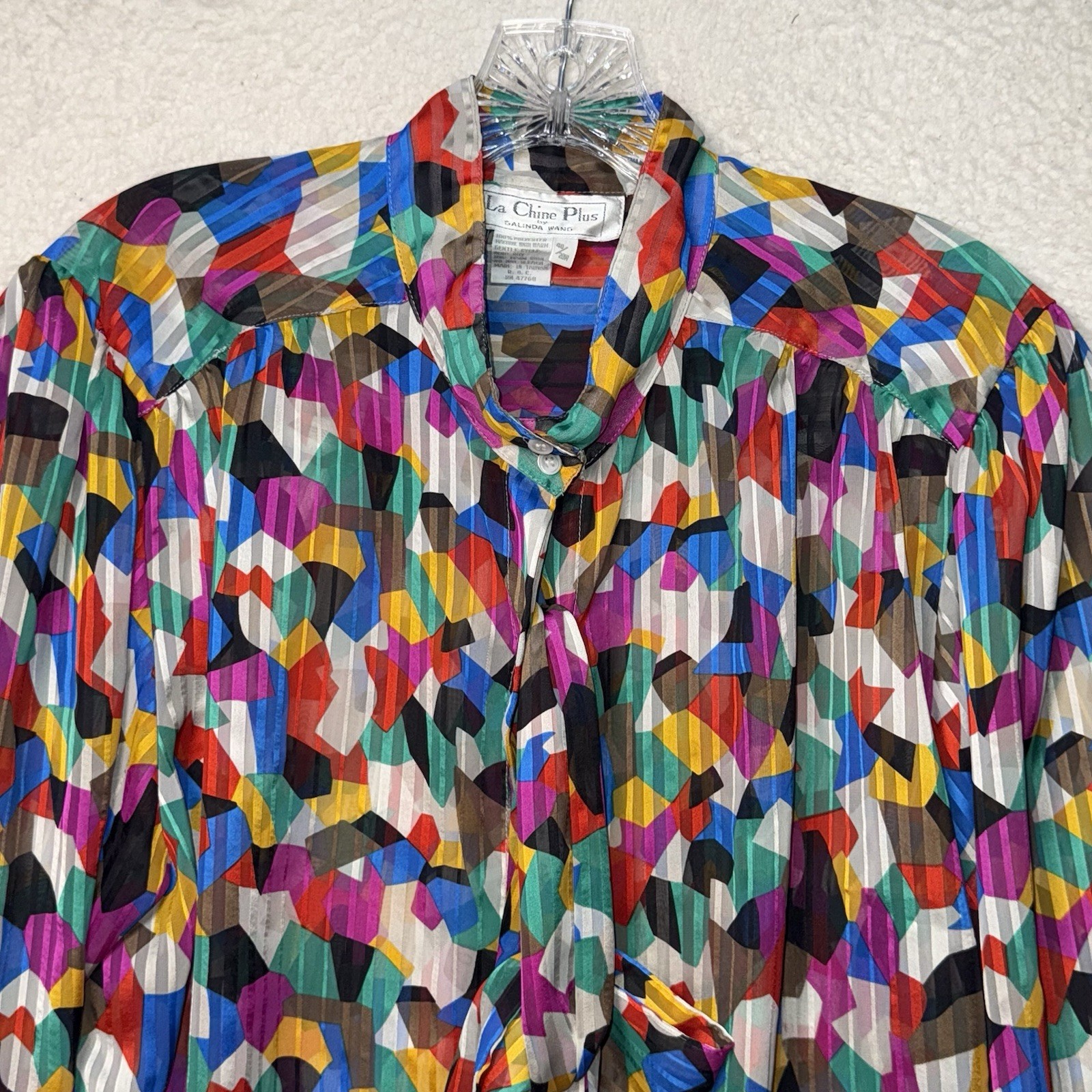 Vintage 80s Bright Multi Color Abstract Sheer Button Front Blouse Women’s 20W