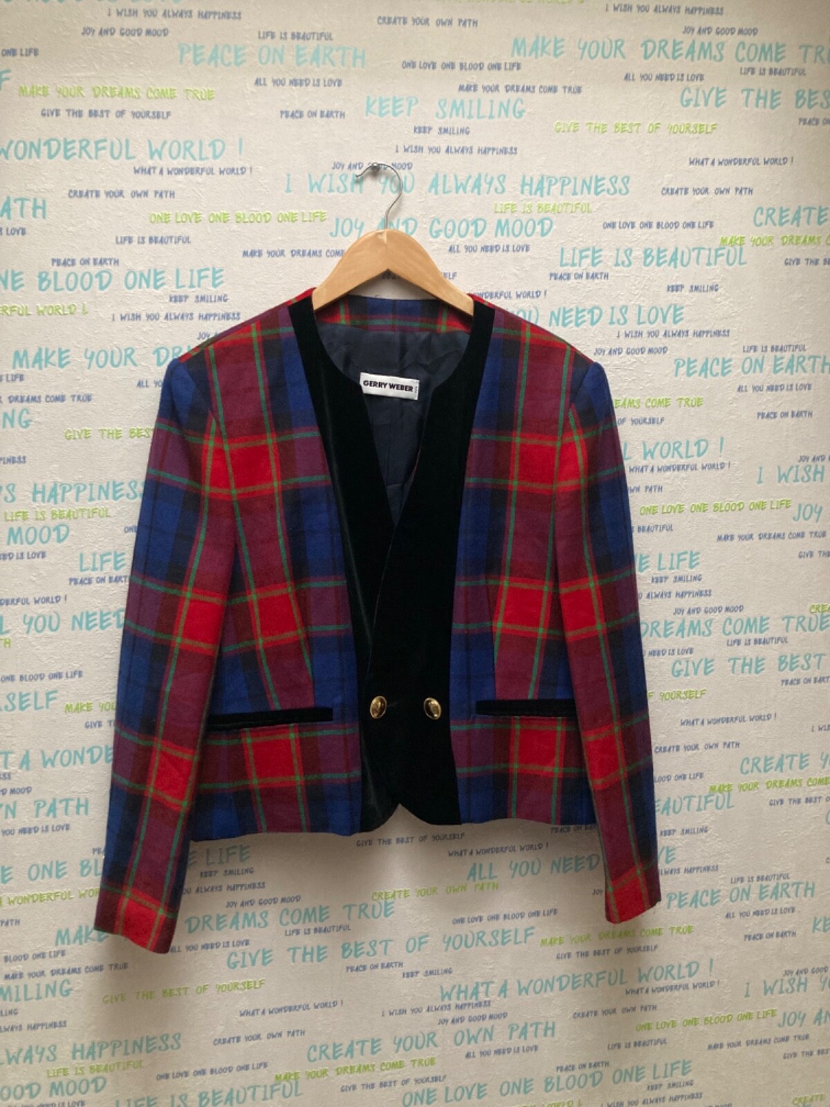Vintage 1980s Gerry Weber Pure New Wool Plaid Jacket with Velvet Parts size M-L