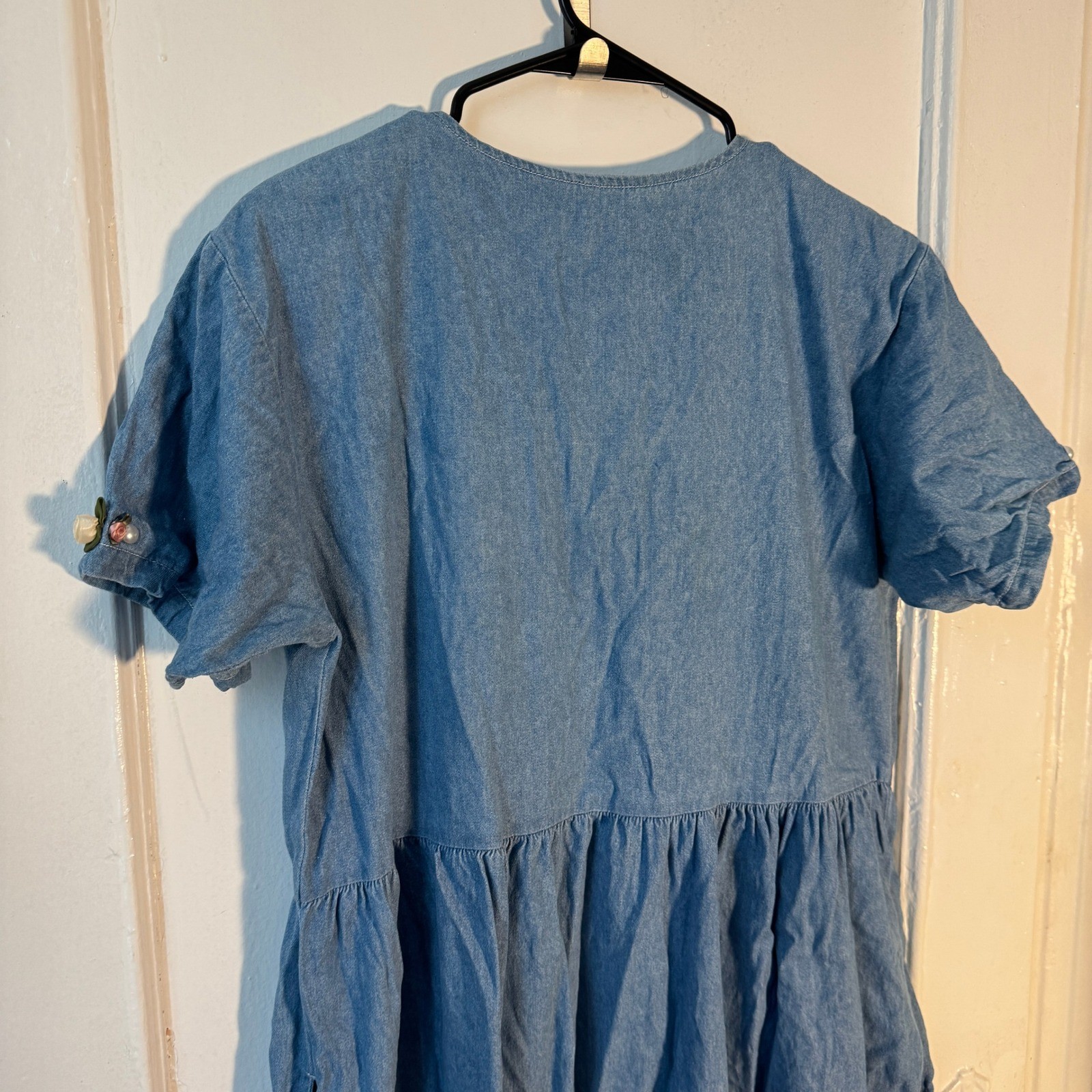Vtg 80s Denim Cottagecore Prairie Midi Dress Spot Light Pearl Embroidery Granny