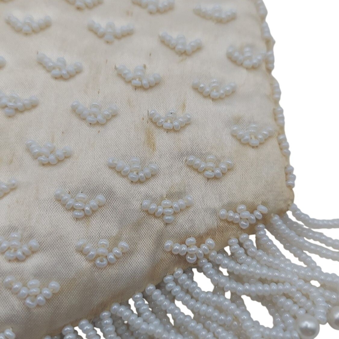 Vintage 50s Hand Beaded White Satin Purse Evening Bag Fringe & Sequins Hong Kong