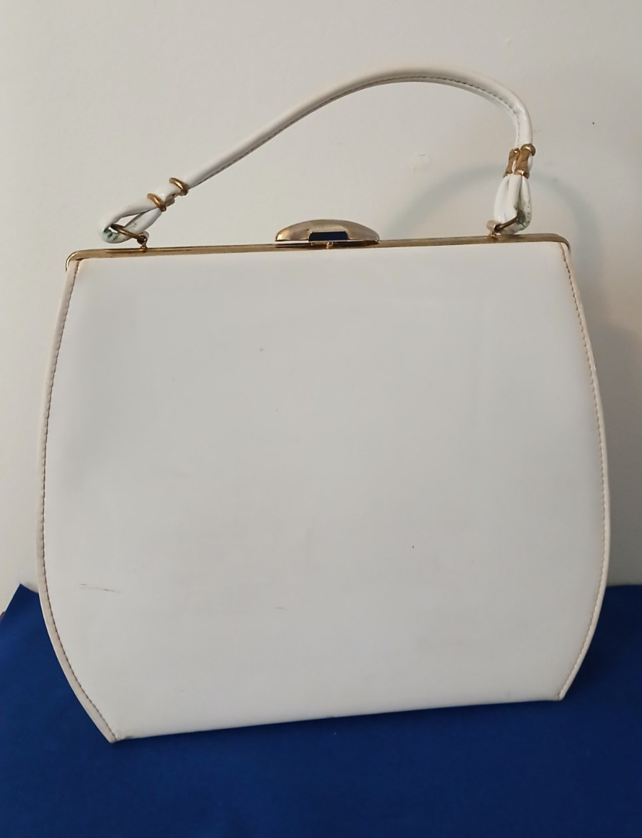 Retro 1960s Naturalizer Frame Handbag White Patent Leather w/Gold-Tone
