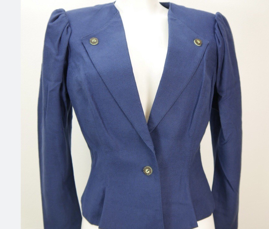 Vtg 80’s Linen German Trachten Peplum jacket blazer puffed shoulder M/L 10/12