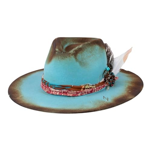 Vintage Wide Brim Fedora Hats 100% Wool Stiff Felt Hat 7 5/8 Retro Blue