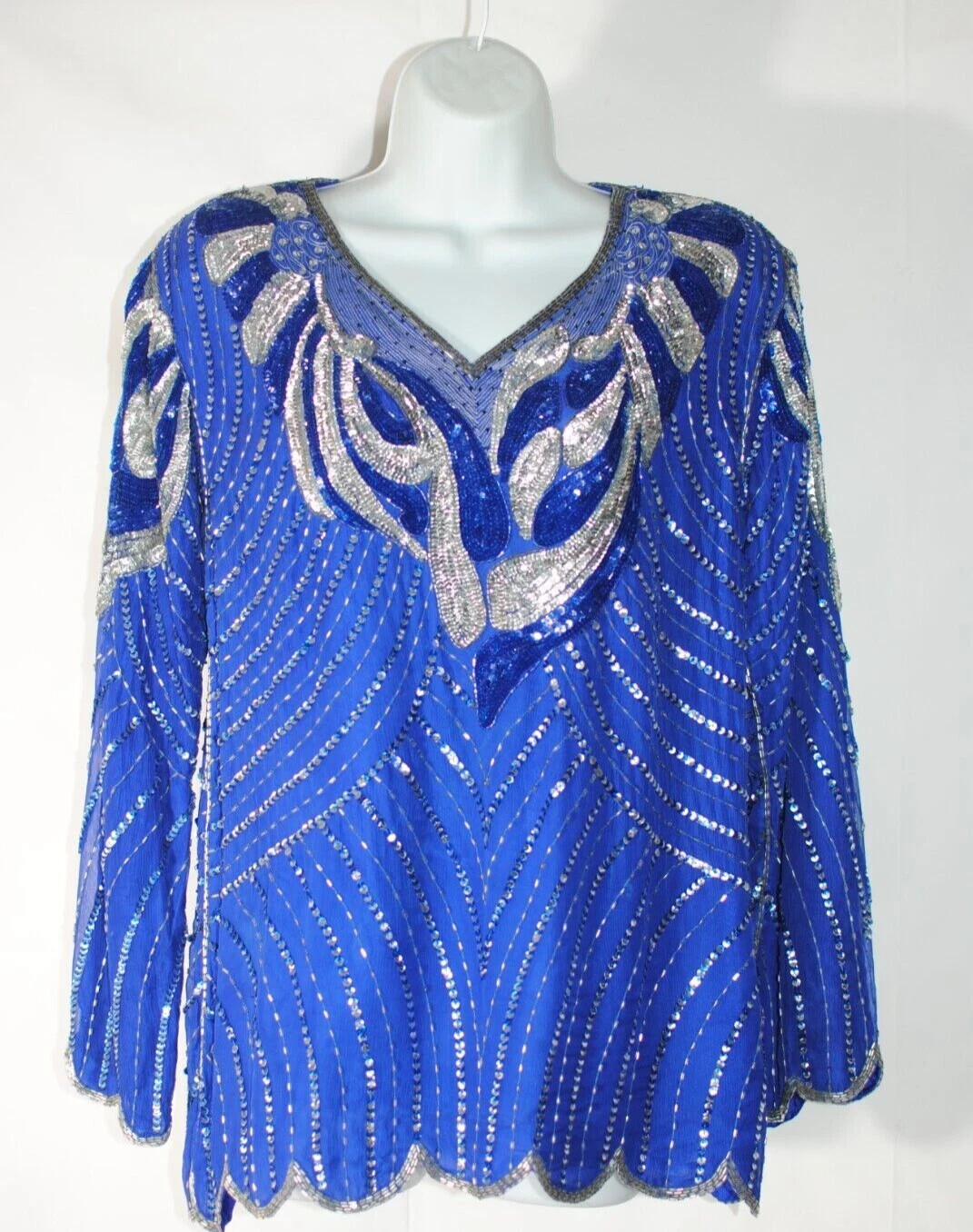 Blue ROYAL FEELINGS 100% Pure Silk Floral Hand Beaded Lined Sequin Top-Size M