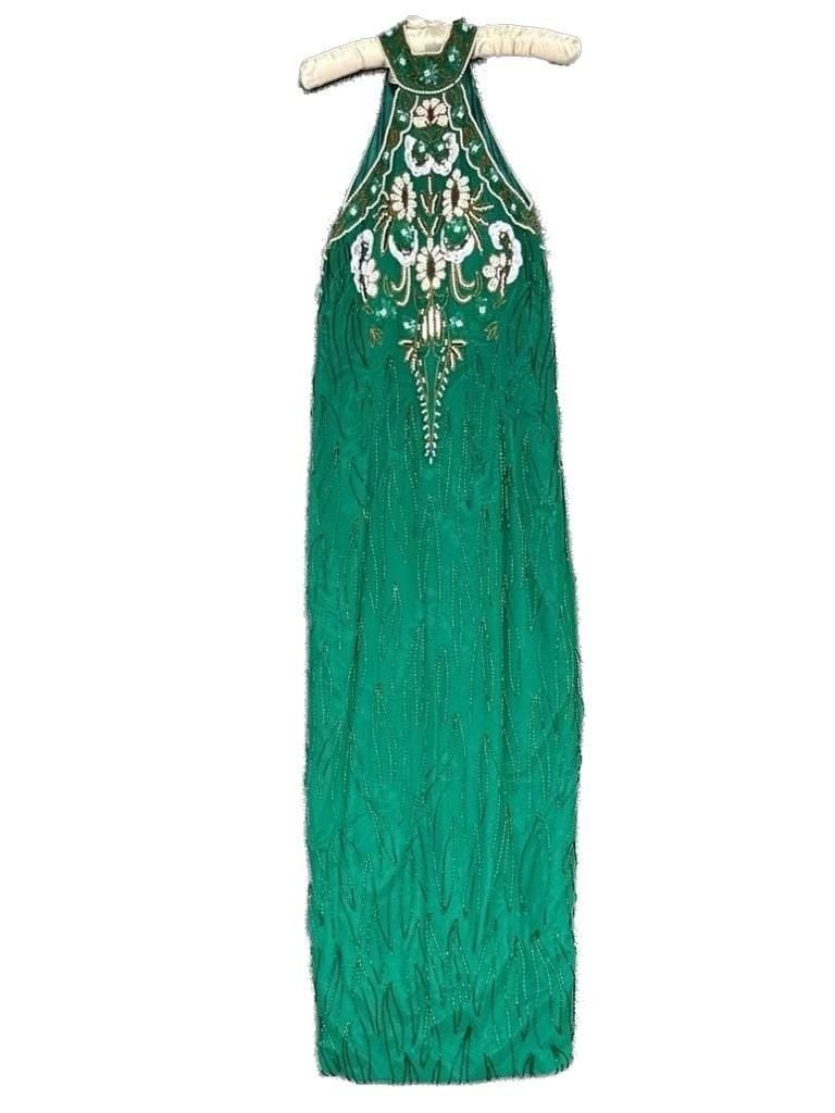 Vintage Dusk to Dawn Green Silk Heavy Beaded and Sequined Halter Neck Maxi Gown