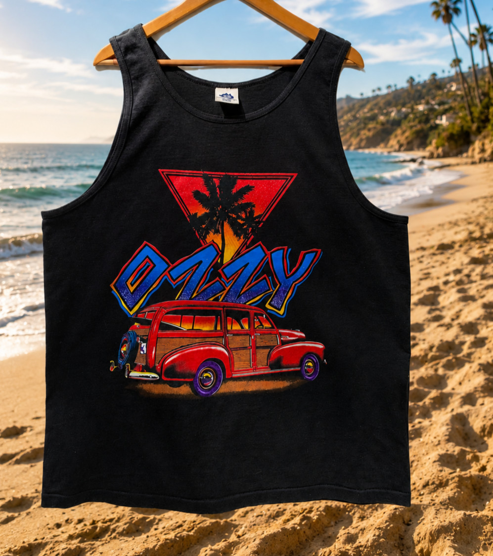 90s Ozzy Australia Surf Tank Top XL Woodie Wagon Surfing Single Stitch USA Black