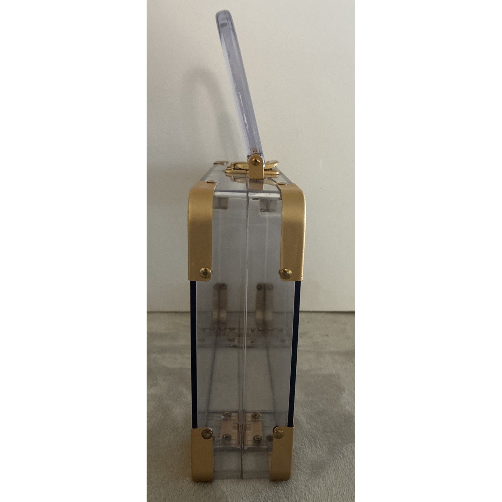 Vintage Clear Lucite Acrylic Box Purse 9.5×7.5×2.5″ Gold Hardware