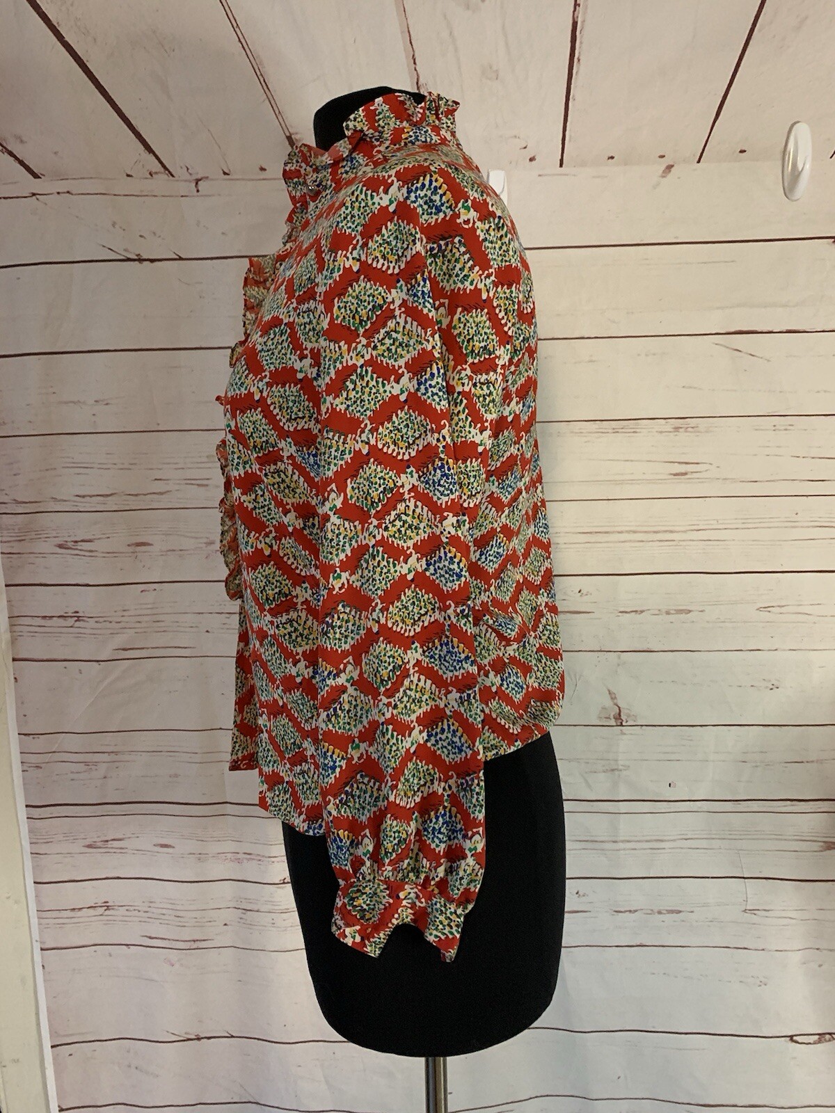 Vintage 70s Frank Olivier Womens Mod Printed Blouse Button Front Small 1970s