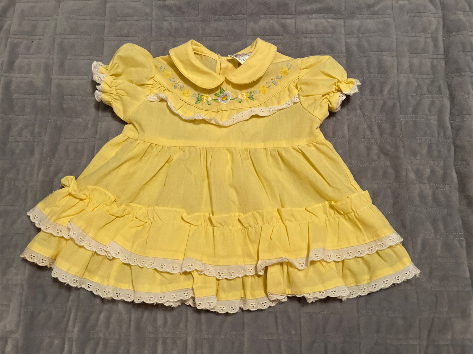 Vintage Mayfair Kids Smocked Yellow Lace Baby Girls Dress Size 9m Ruffles