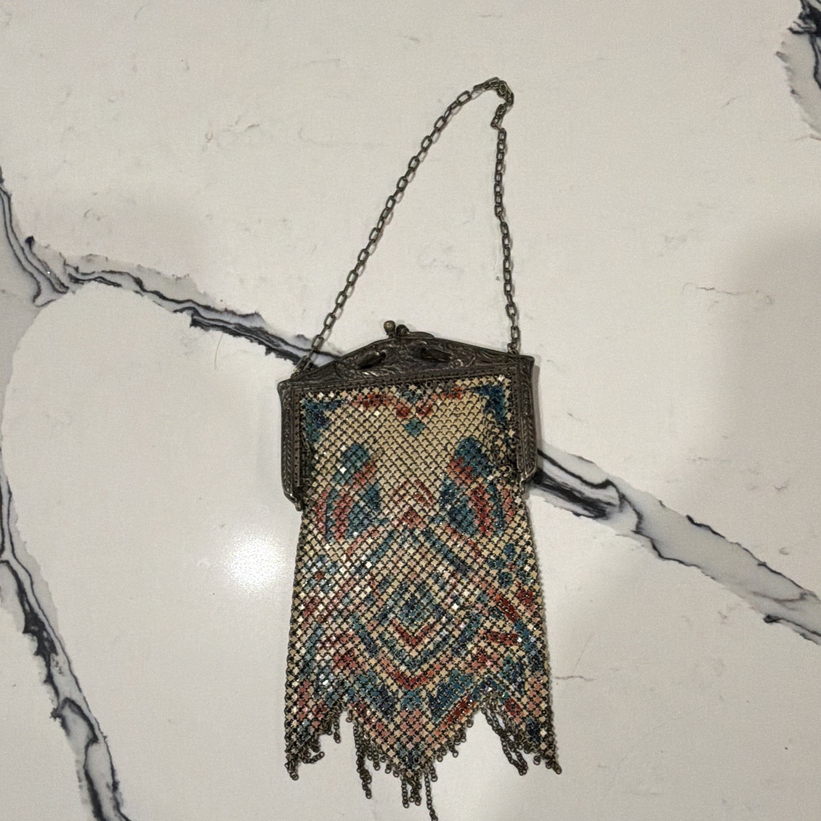 Mandalian Mfg Co Art Deco 1920s Enamel Metal Mesh Chain Purse Multicolor