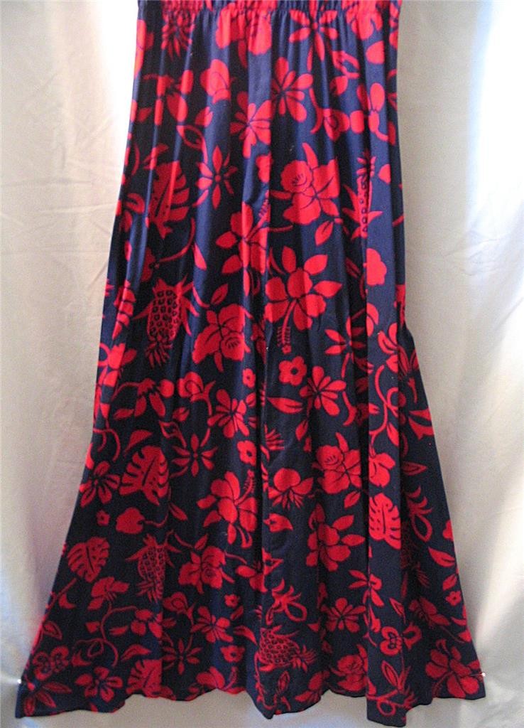 VINTAGE 1972~NAVY BLUE & RED 100% COTTON HANDMADE HAWAIIAN HALTER DRESS~SMALL