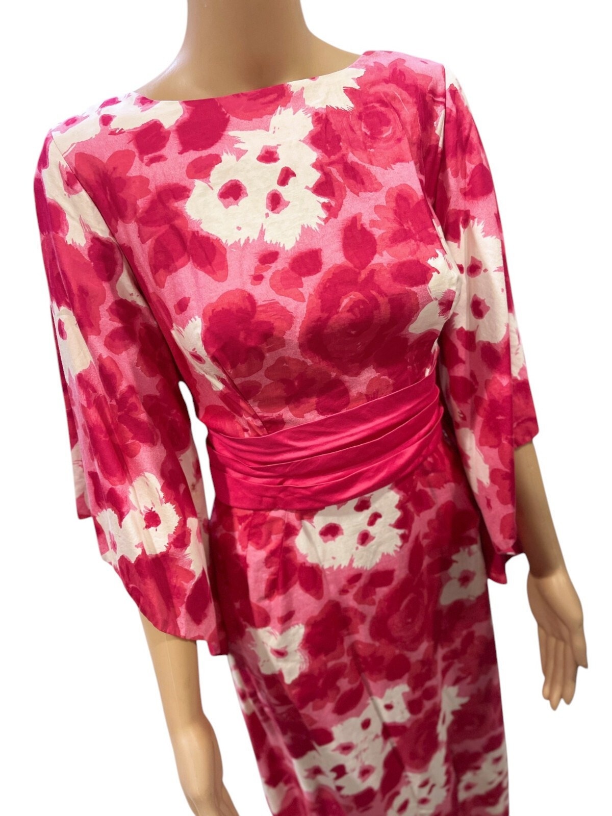 60s Ja-Na Watercolor Floral Pink White Hawaiian Gown Dress Angel Flare Sleeve