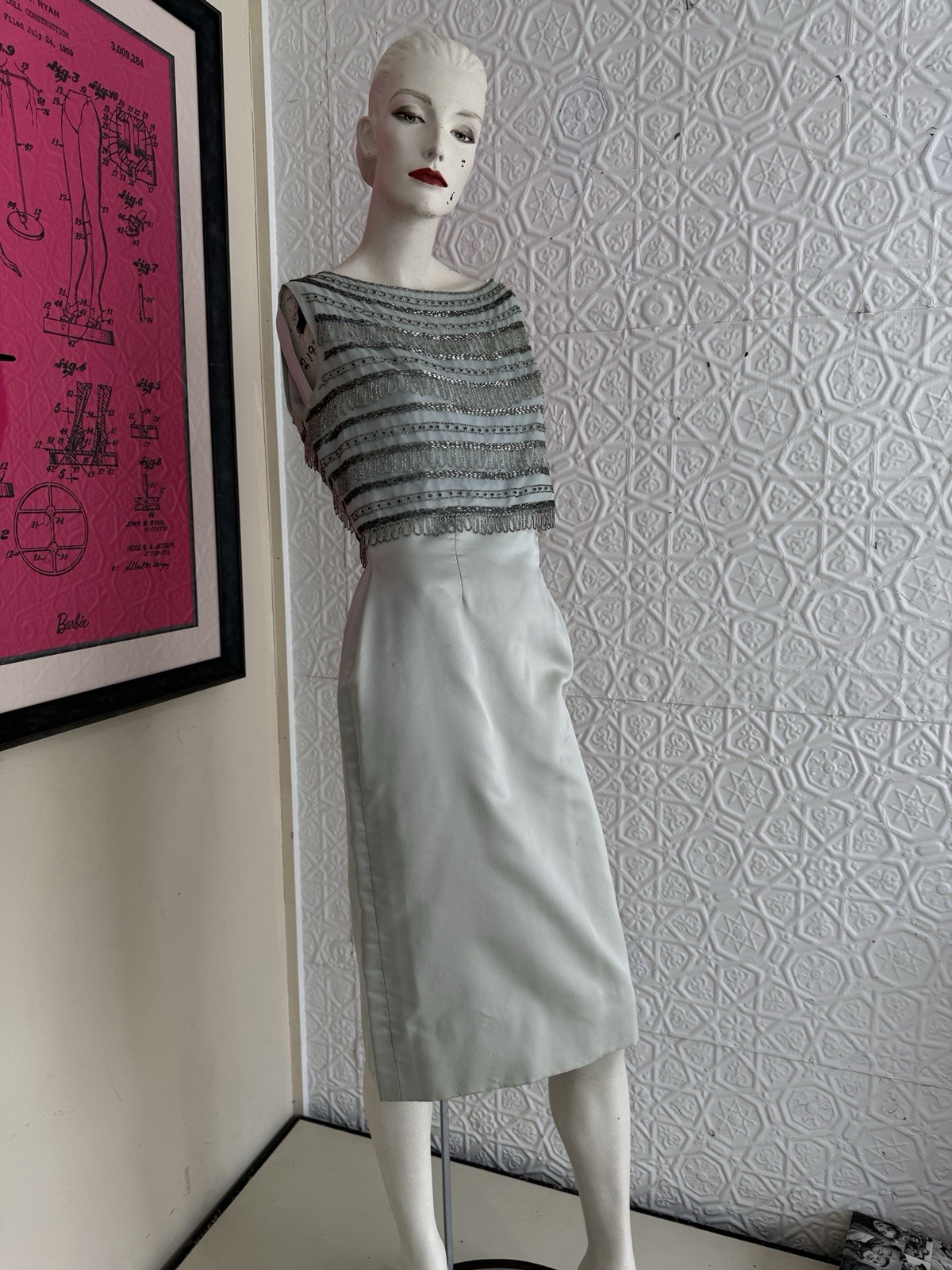1960s silk 3 piece dress set separates sage green beaded wiggle vintage Saks M