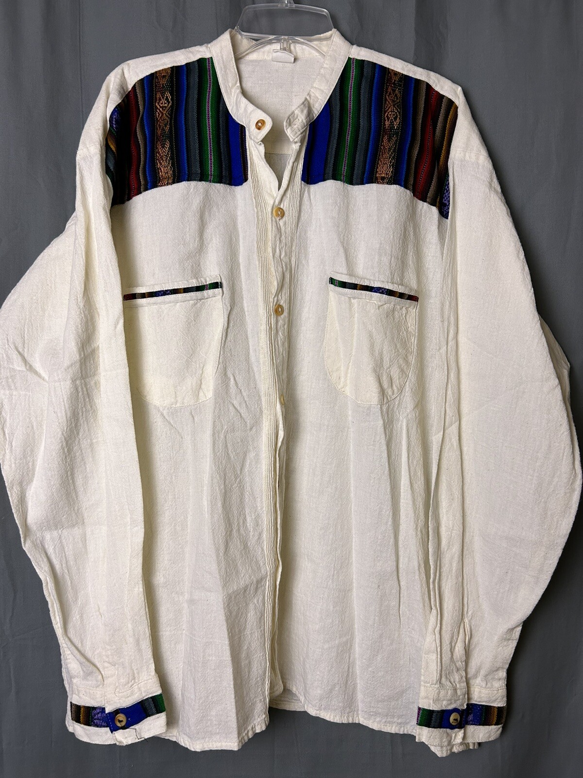 Vtg Ivory Serape Yoke Handmade Ecuador Long Sleeve Button Collarless Shirt Sz 44
