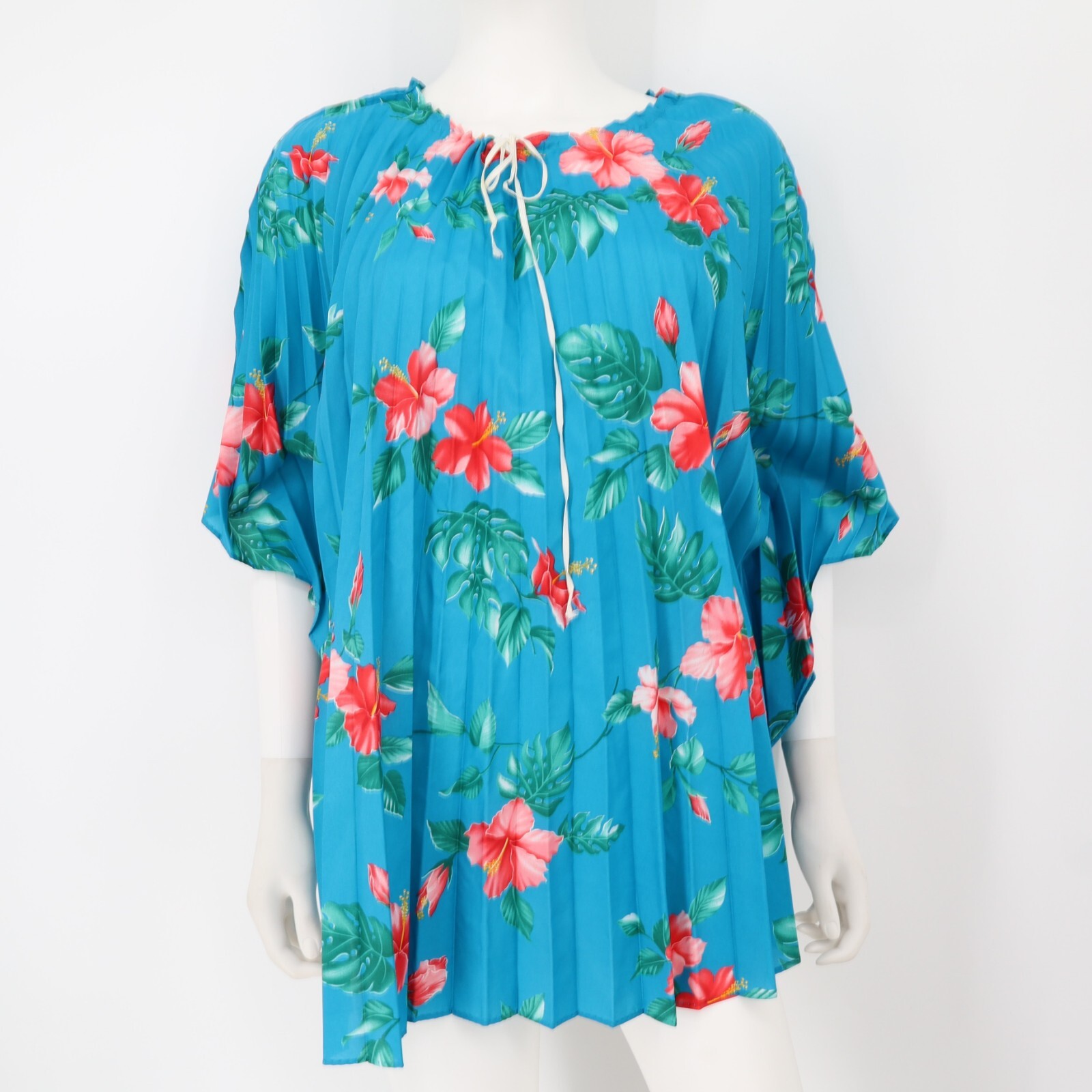 Vtg 70s Greencastle Barkcloth Top Tunic Accordion Pleats Hawaii Blue Floral O/S