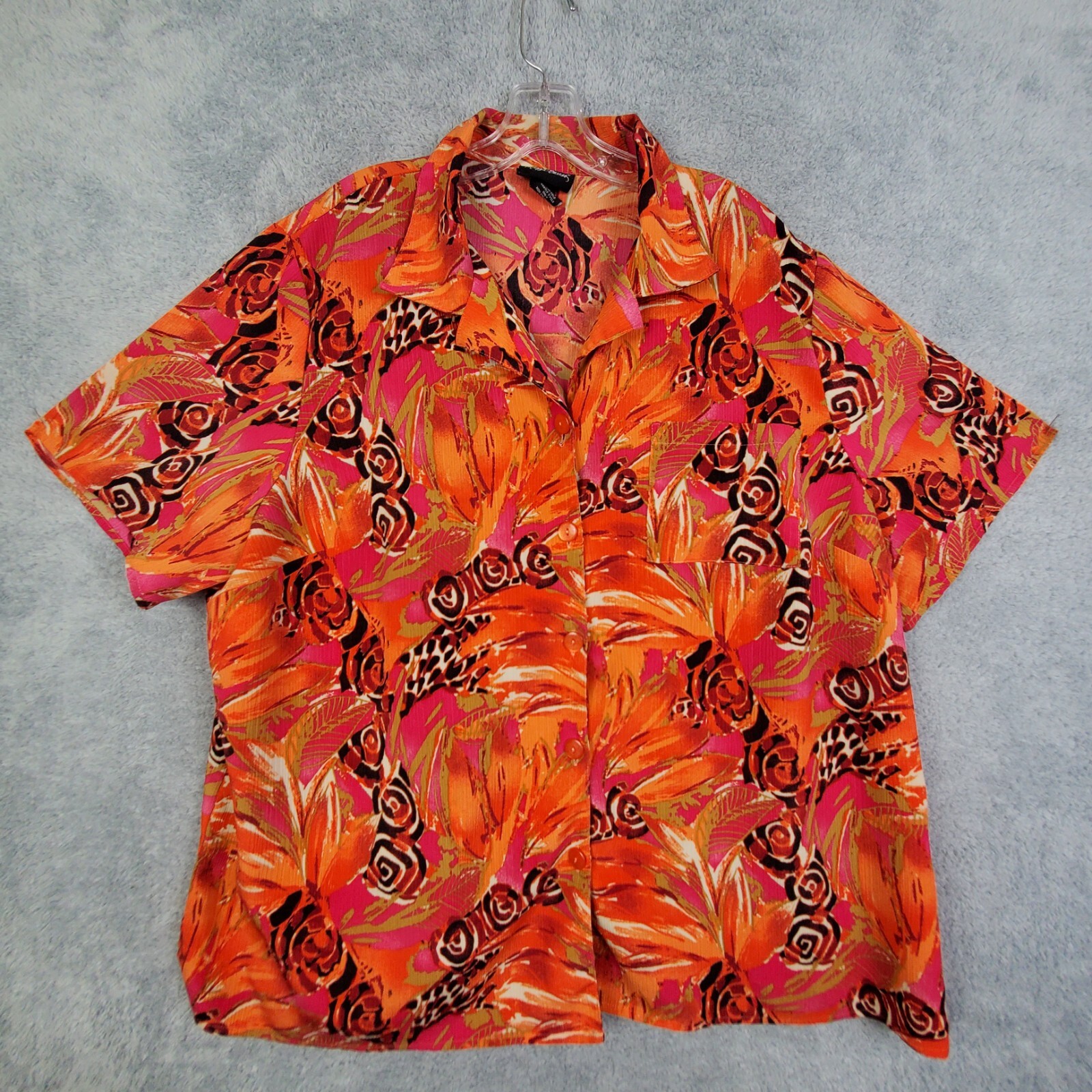 Vtg 90s Womens Shirt Sz 2X Orange Button Up Tribal Safari Animal Print Polyester