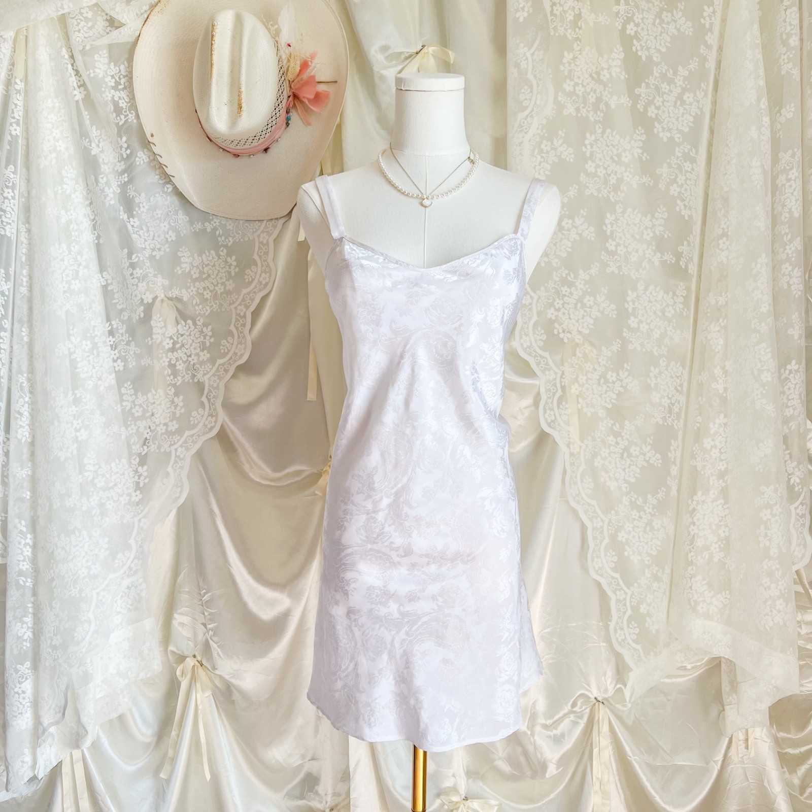 Vintage White Jacquard Satin Slip Dress
