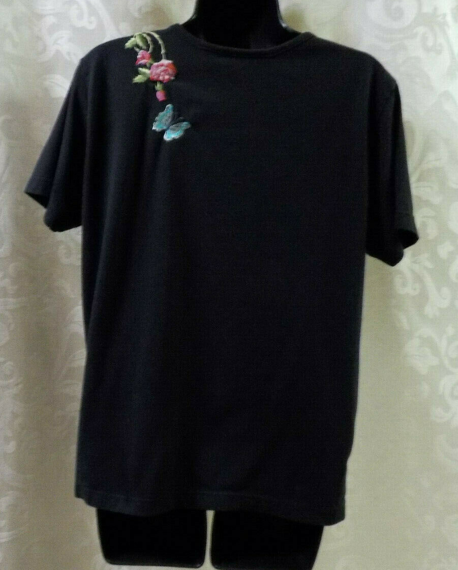 Vintage Premier International Knit Top Size L Black Embroidered Short Sleeve EVC