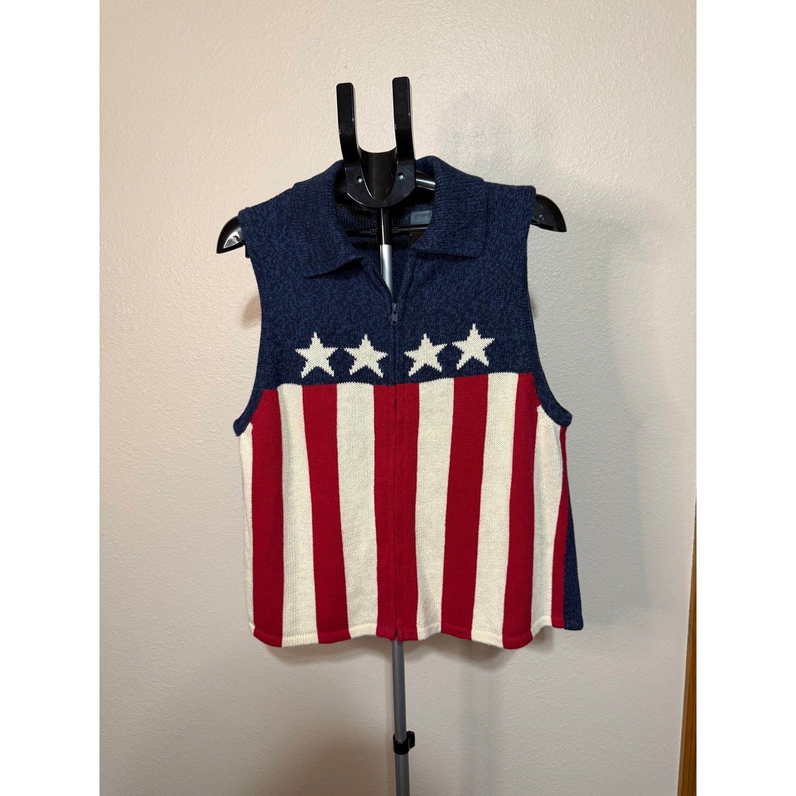 Vintage Heirloom Collectibles American Flag Knit Vest Stars Stripes XL Zip Front