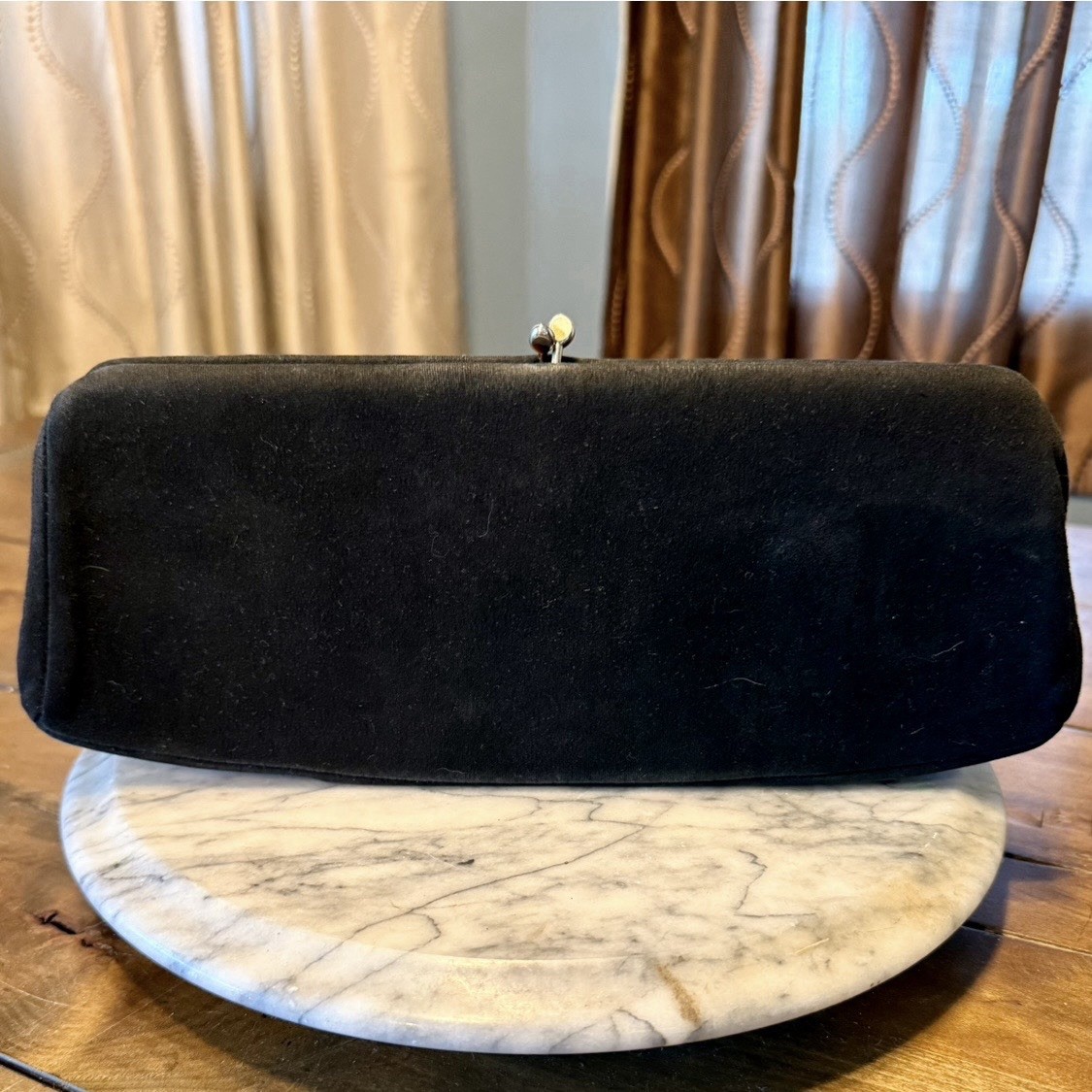 VTG 60s MCM Black Faille Fabric Evening Clutch Purse Gold Kiss Clasp 11.5×4.5”