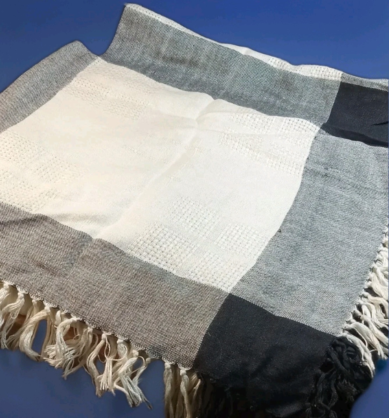 Vintage 1970s Ben Goodman 32″ Square Fringed Scarf 100% Rayon~black & White