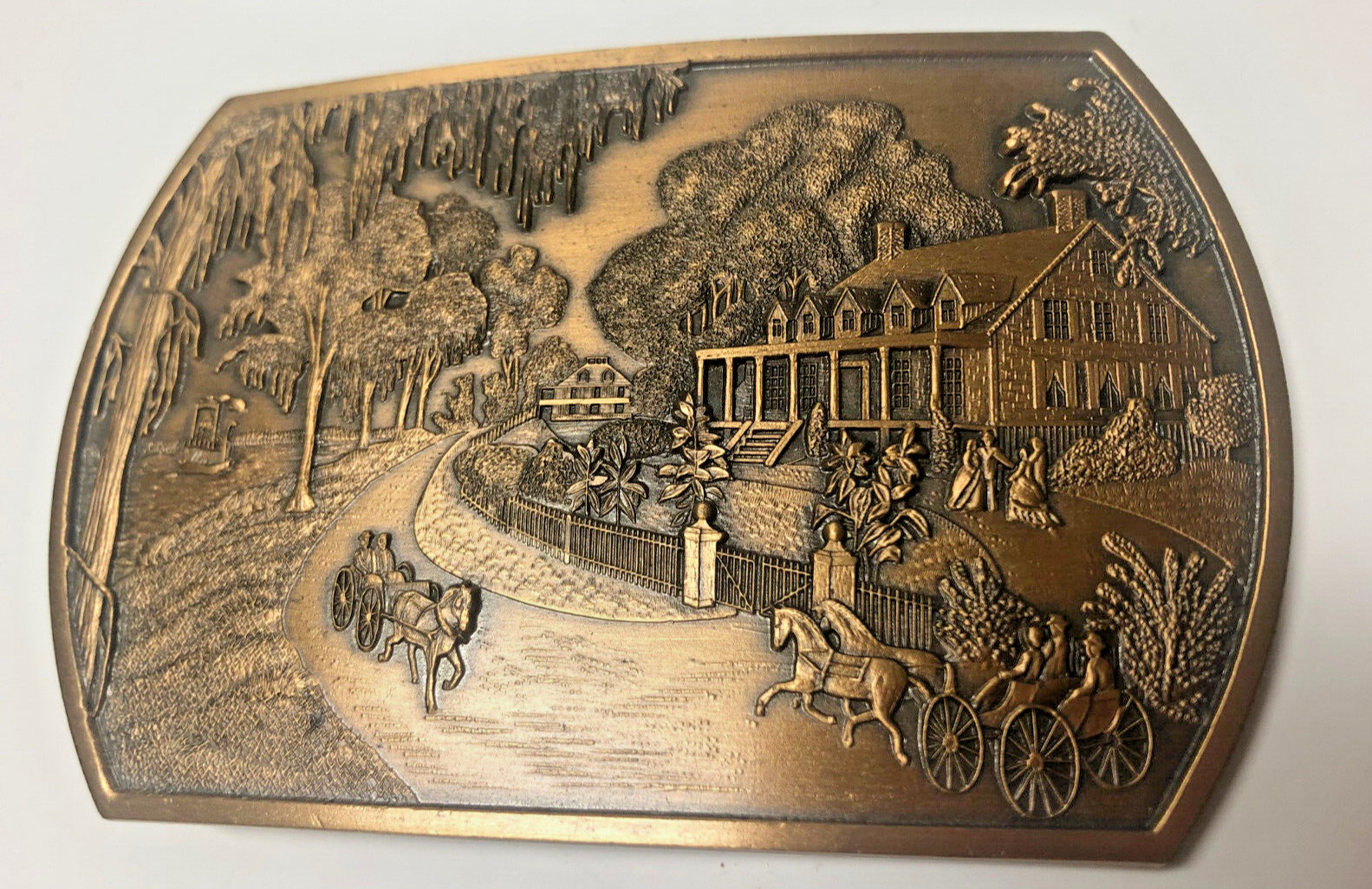Vtg Brass belt buckle Southern Comfort Corporation 1980 horse carriage mansion