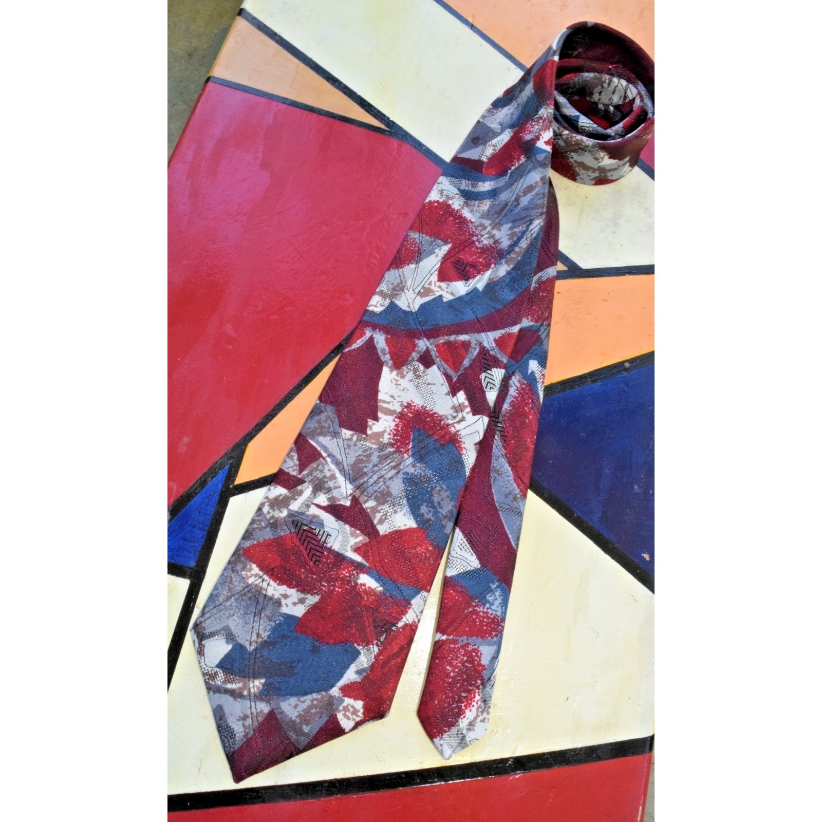 Neck Tie VTG JCP Towncraft 60s 70s Abstract Deep Red Blue Poly Wide Tie 54″ x 4″
