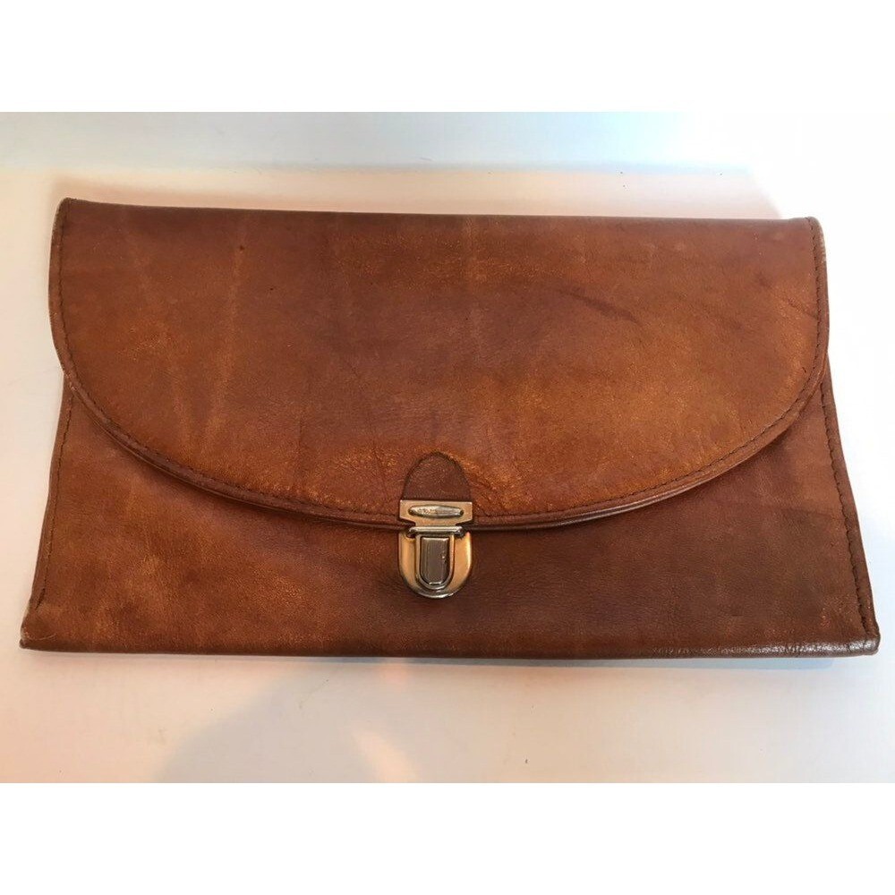 Leather Envelop Purse Clutch Industria Argentina Brown VACA Canoa 1970’s Vtg
