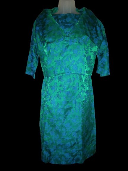 Vintage MOD 60s Teal Floral Brocade Wiggle Sheath Cocktail Dress Matching Coat S