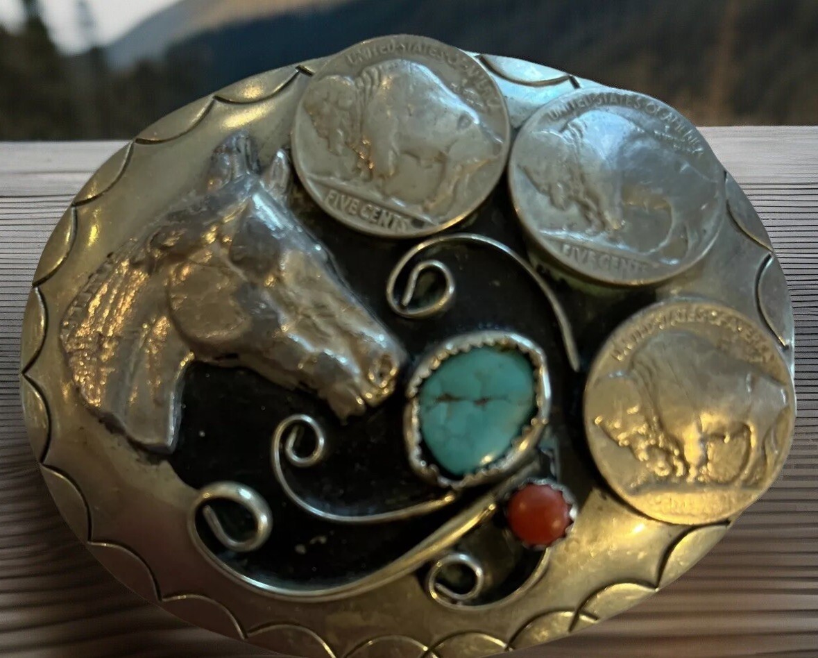 Belt Buckle Turquoise Coral Horse Head 3 Buffalo Nickles. Made in USA Southwest