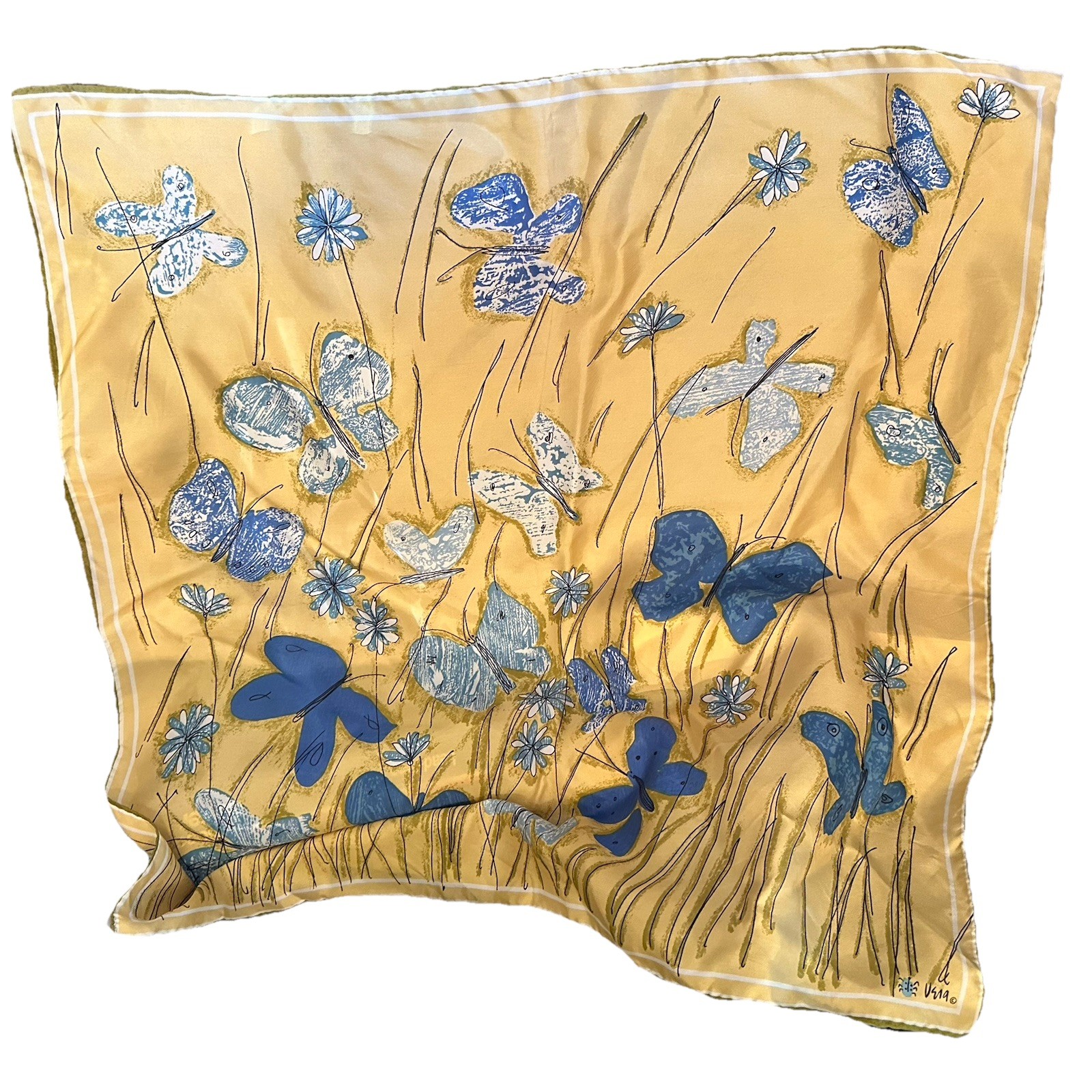 Vera Neumann Scarf Butterflies Blue Floral Yellow Green Border 30×72 Long