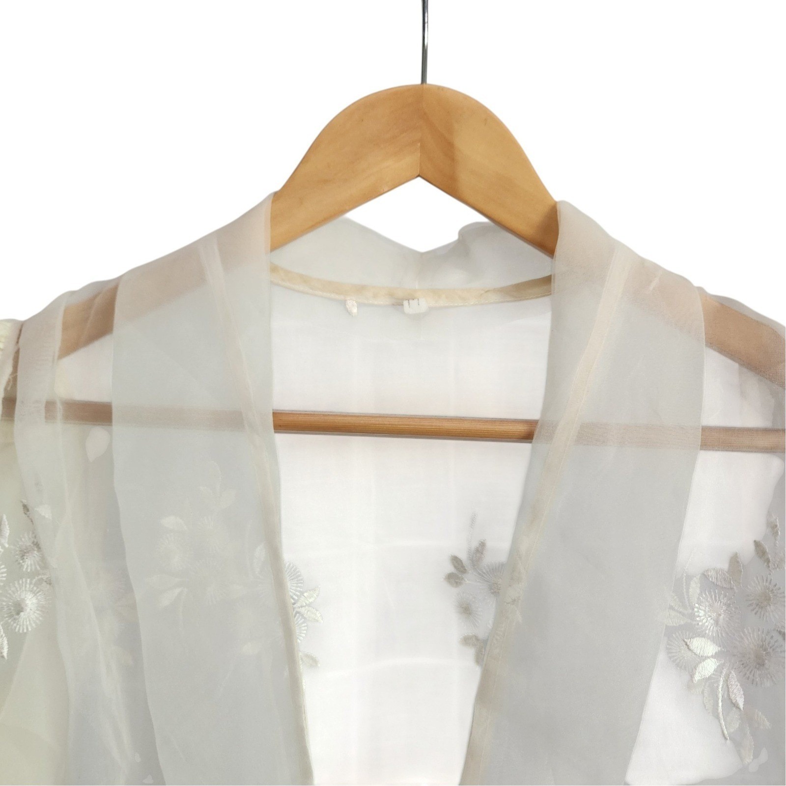 Vintage Sheer Floral Embroidered Blouse Ivory Puff Sleeve Mesh Overlay Women’s M