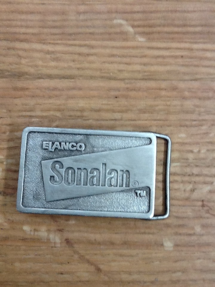 Vintage 1970s Elanco Sonalan Herbicide Pewter Belt Buckle 3.5×2 Farming Ag