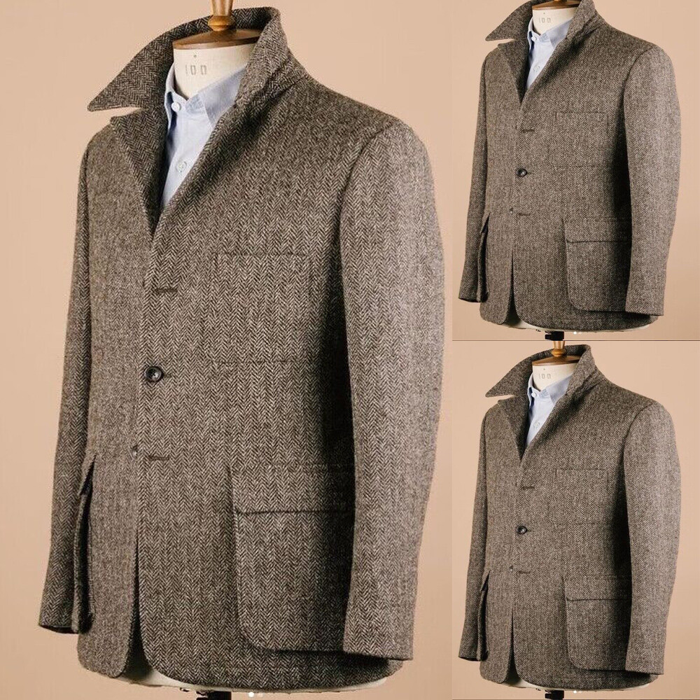 Tweed Men’s Mid-Length Safari Jackets 2Pcs Business Formal Winner Hunting Coat