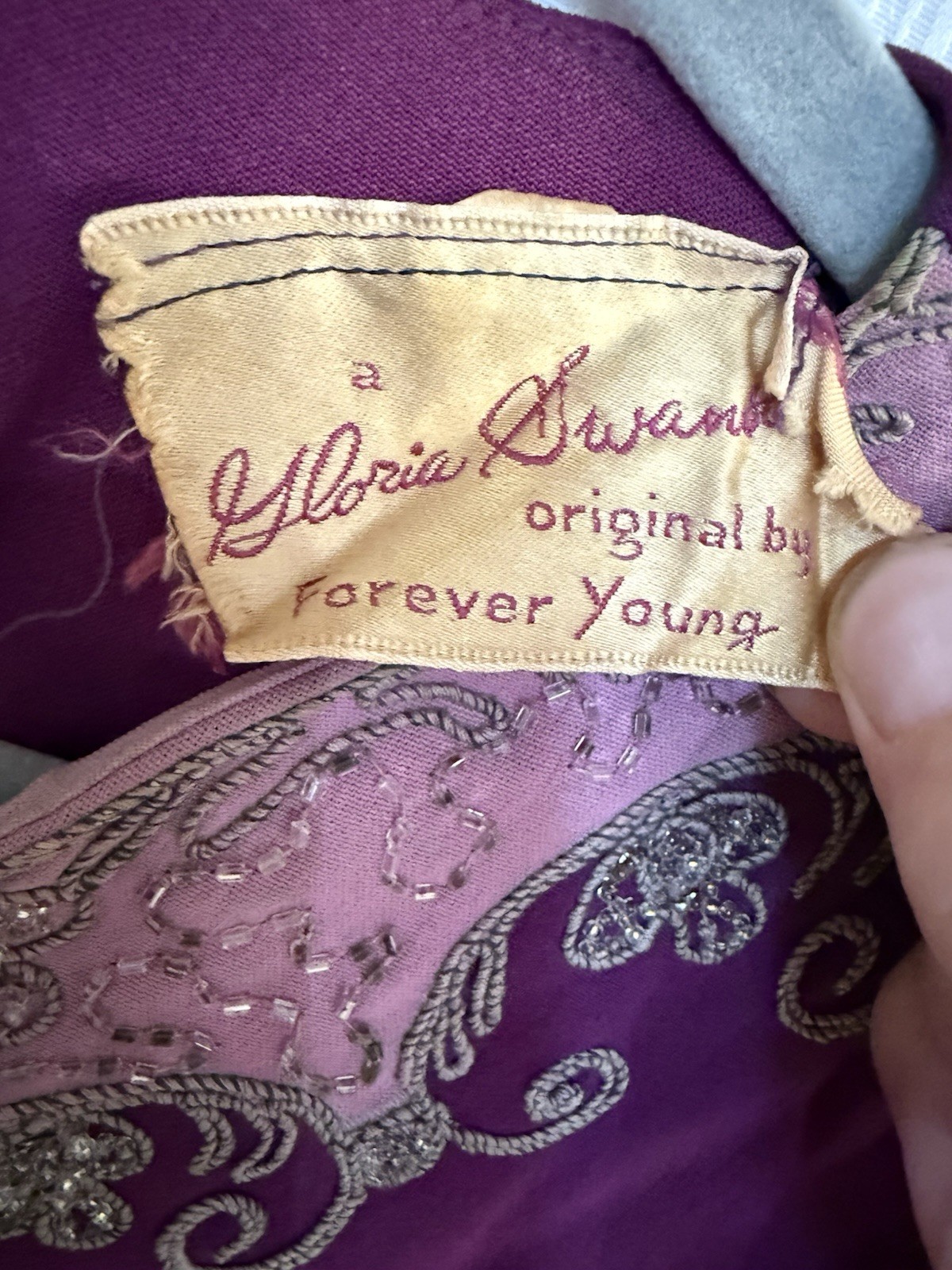 VTG 1960s Gloria Swanson Forever Young Beaded Purple Dress Hollywood Glam